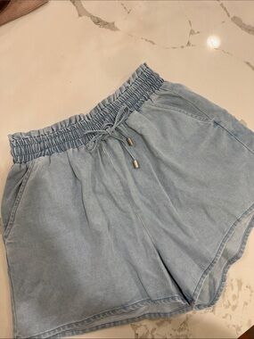 Pink Lily Light Blue High Waist Elastic Waistband Denim Shorts